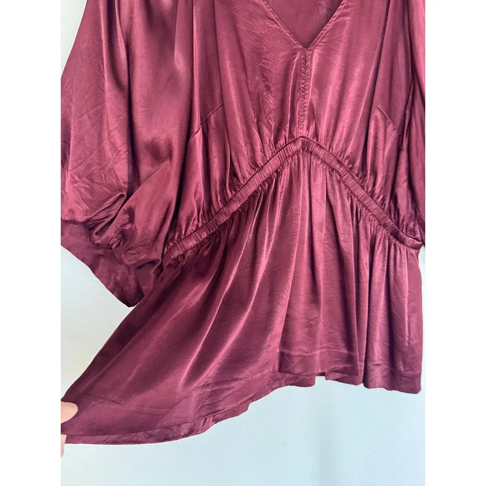 Madewell Burgundy Cabernet Satin V Neck Shirred Puff Sleeve Peplum Top X-Large